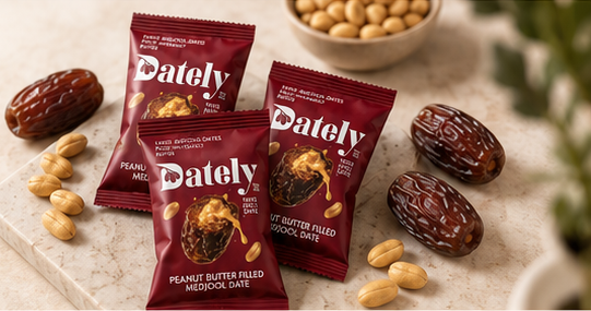 DATELY® peanut butter filled Medjool date packs with whole dates and peanuts