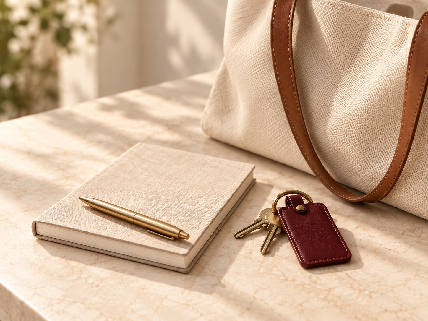 A quiet everyday flat-lay: a notebook, pen, tote bag and keys on a marble surface