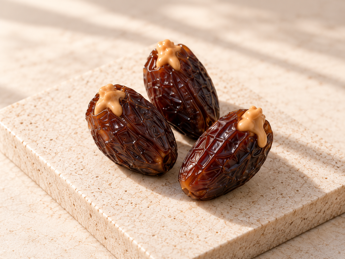 Three whole DATELY® Medjool dates filled with peanut butter, on a stone surface